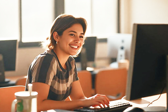 Mulher sorrindo com notebook simulando empréstimo