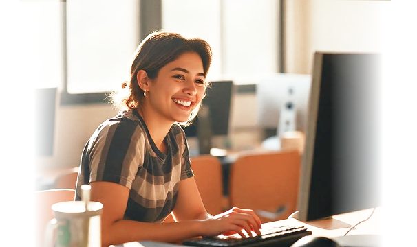 Mulher sorrindo com notebook simulando empréstimo